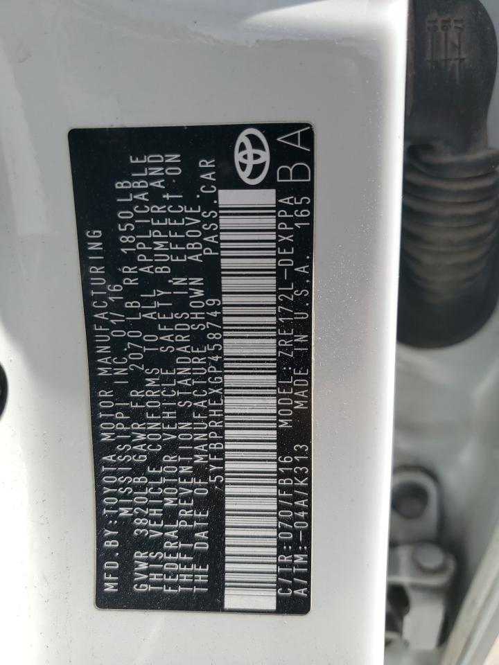 2016 Toyota Corolla VIN 5YFBPRHEXGP458749 Copart auction photo, front end / rear end damage thumbnail 13