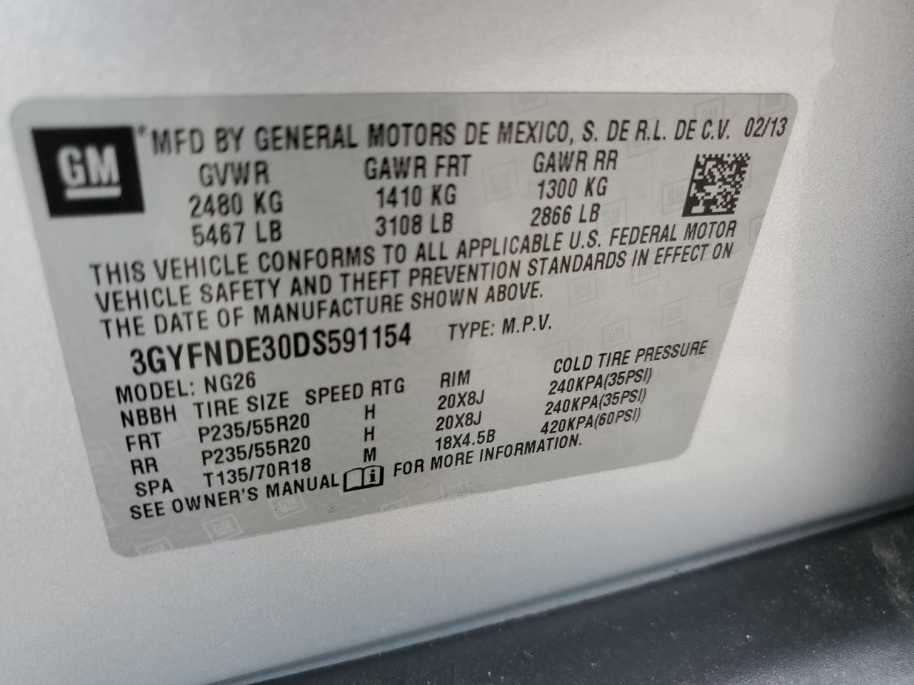 2013 Cadillac SRX VIN 3GYFNDE30DS591154 Copart auction photo, rejected repair damage thumbnail 13
