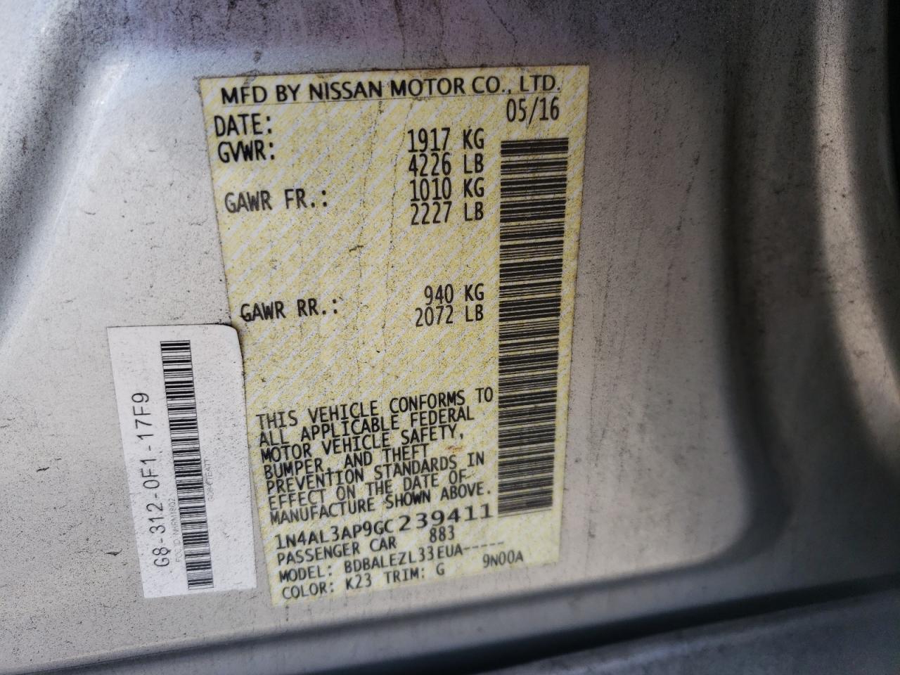 2016 Nissan Altima VIN 1N4AL3AP9GC239411 Copart auction photo, front end / side damage thumbnail 13