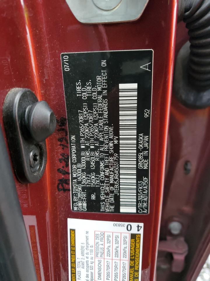 2010 Toyota 4Runner VIN JTEBU5JR6A5031759 Copart auction photo, front end damage thumbnail 15