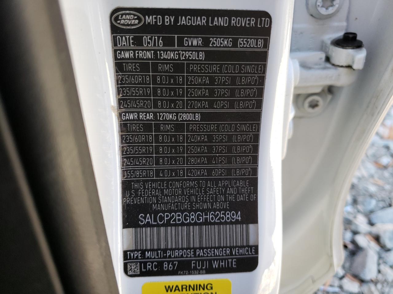 2016 Land Rover Discovery VIN SALCP2BG8GH625894 Copart auction photo, front end damage thumbnail 13