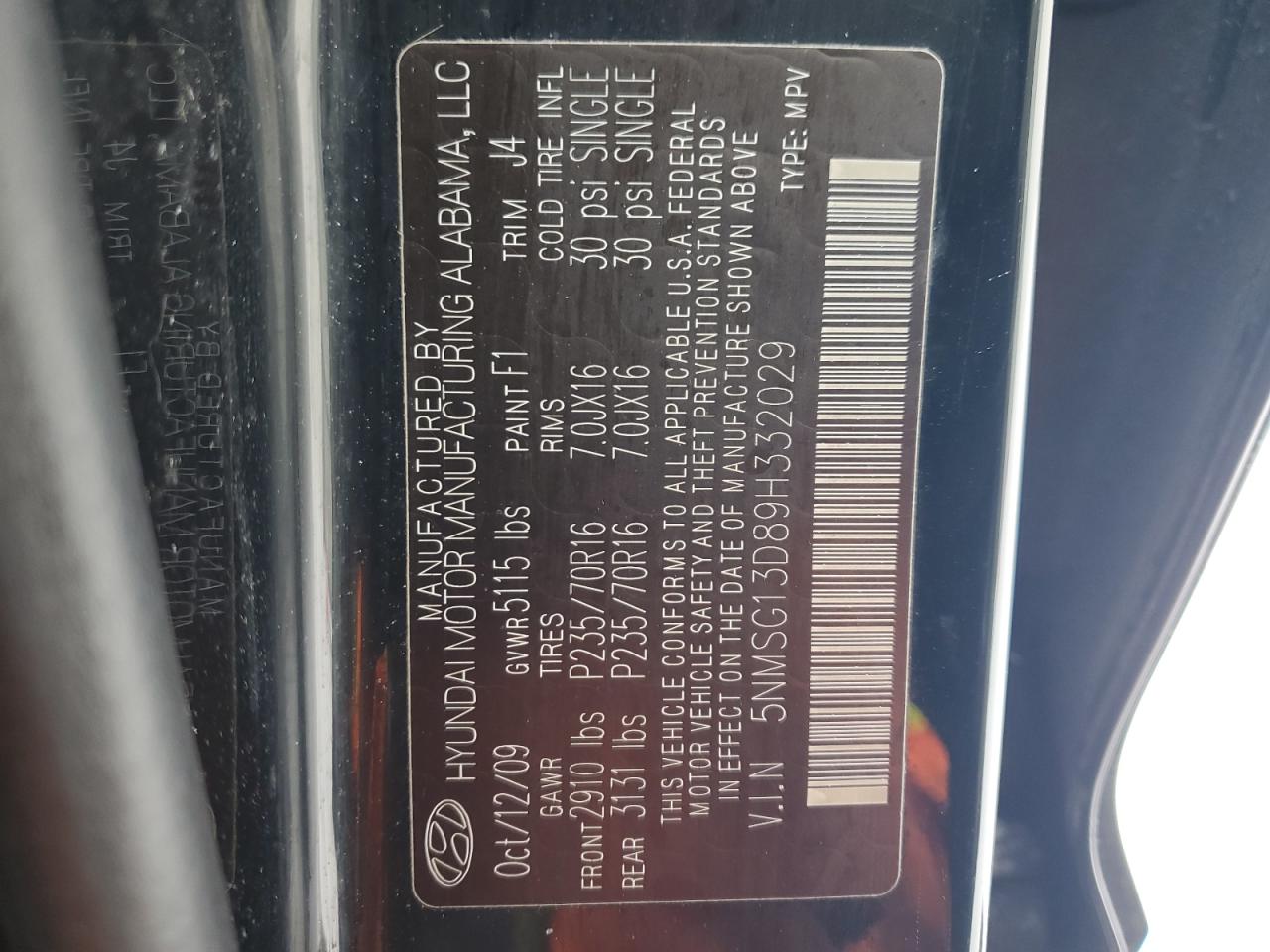 2009 Hyundai Santa Fe VIN 5NMSG13D89H332029 Copart auction photo, front end damage thumbnail 13