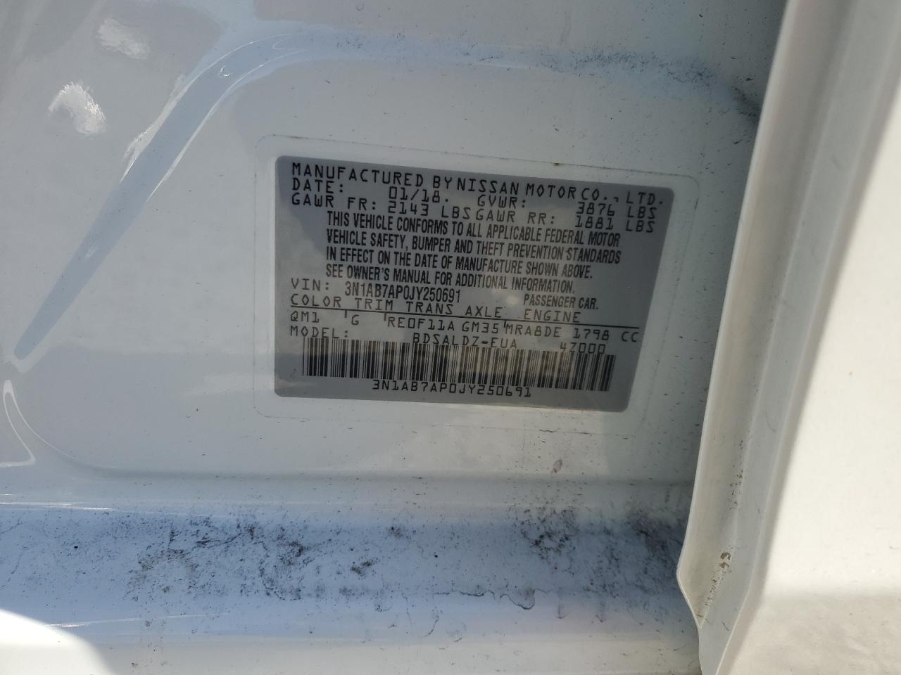 2018 Nissan Sentra VIN 3N1AB7AP0JY250691 Copart auction photo, side damage thumbnail 14