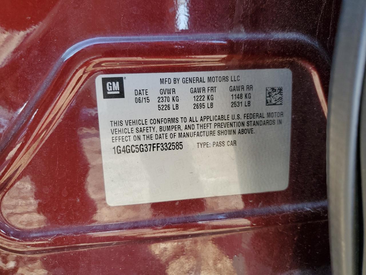 2015 Buick LaCrosse VIN 1G4GC5G37FF332585 Copart auction photo, side / rear end damage thumbnail 14