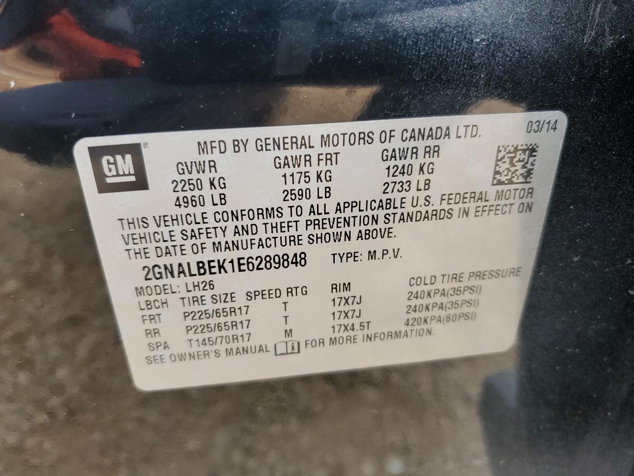 2014 Chevrolet Equinox VIN 2GNALBEK1E6289848 Copart auction photo, side / front end damage thumbnail 13