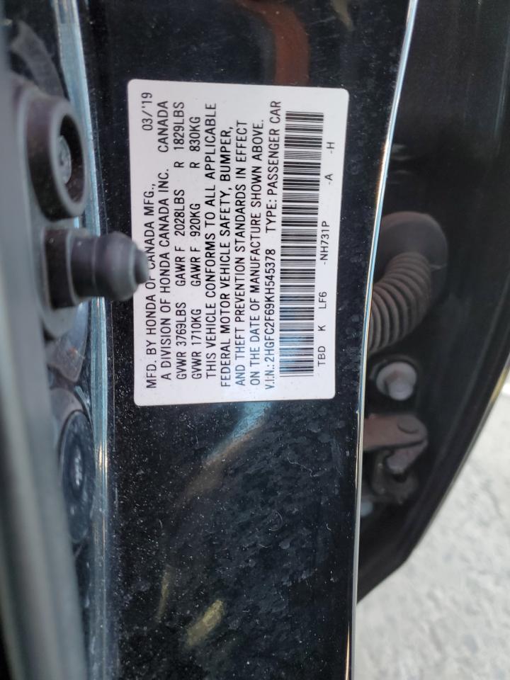 2019 Honda Civic VIN 2HGFC2F69KH545378 Copart auction photo, water/flood / side damage thumbnail 13