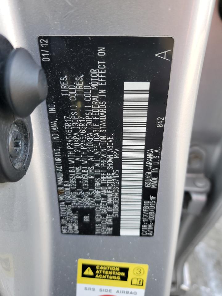 2012 Toyota Highlander VIN 5TDBK3EH4CS127175 Copart auction photo, rear end / side damage thumbnail 13