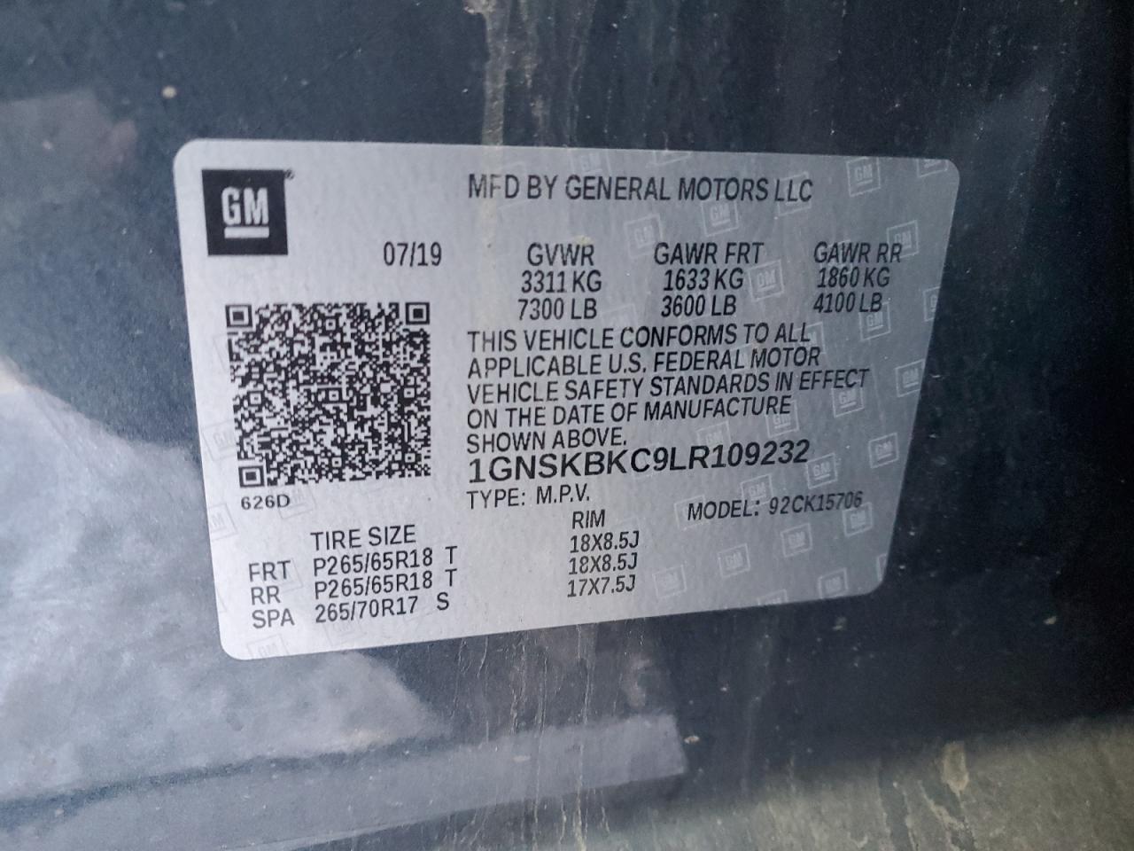2020 Chevrolet Tahoe VIN 1GNSKBKC9LR109232 Copart auction photo, vandalism damage thumbnail 13