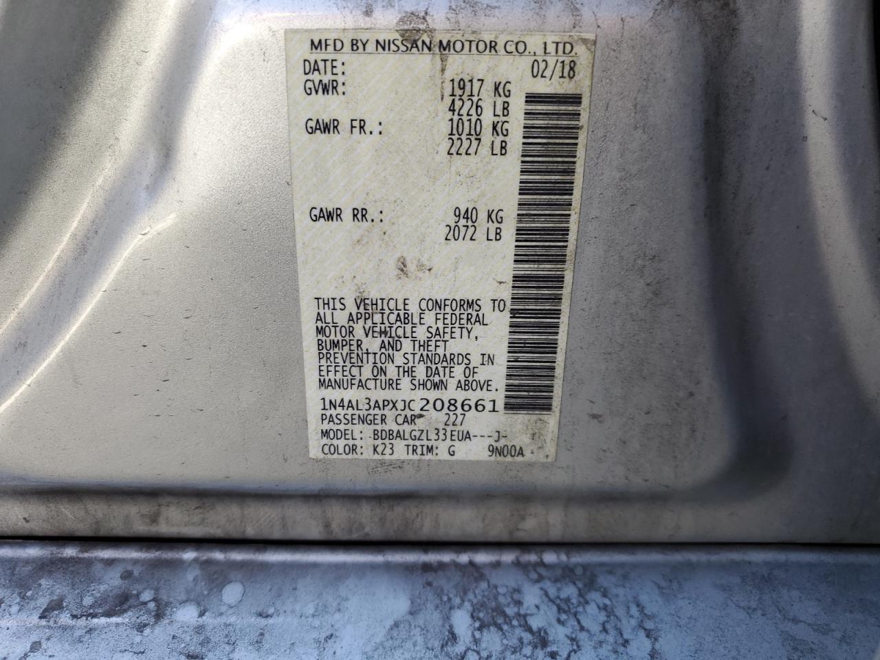 2018 Nissan Altima VIN 1N4AL3APXJC208661 Copart auction photo, rear end damage thumbnail 12