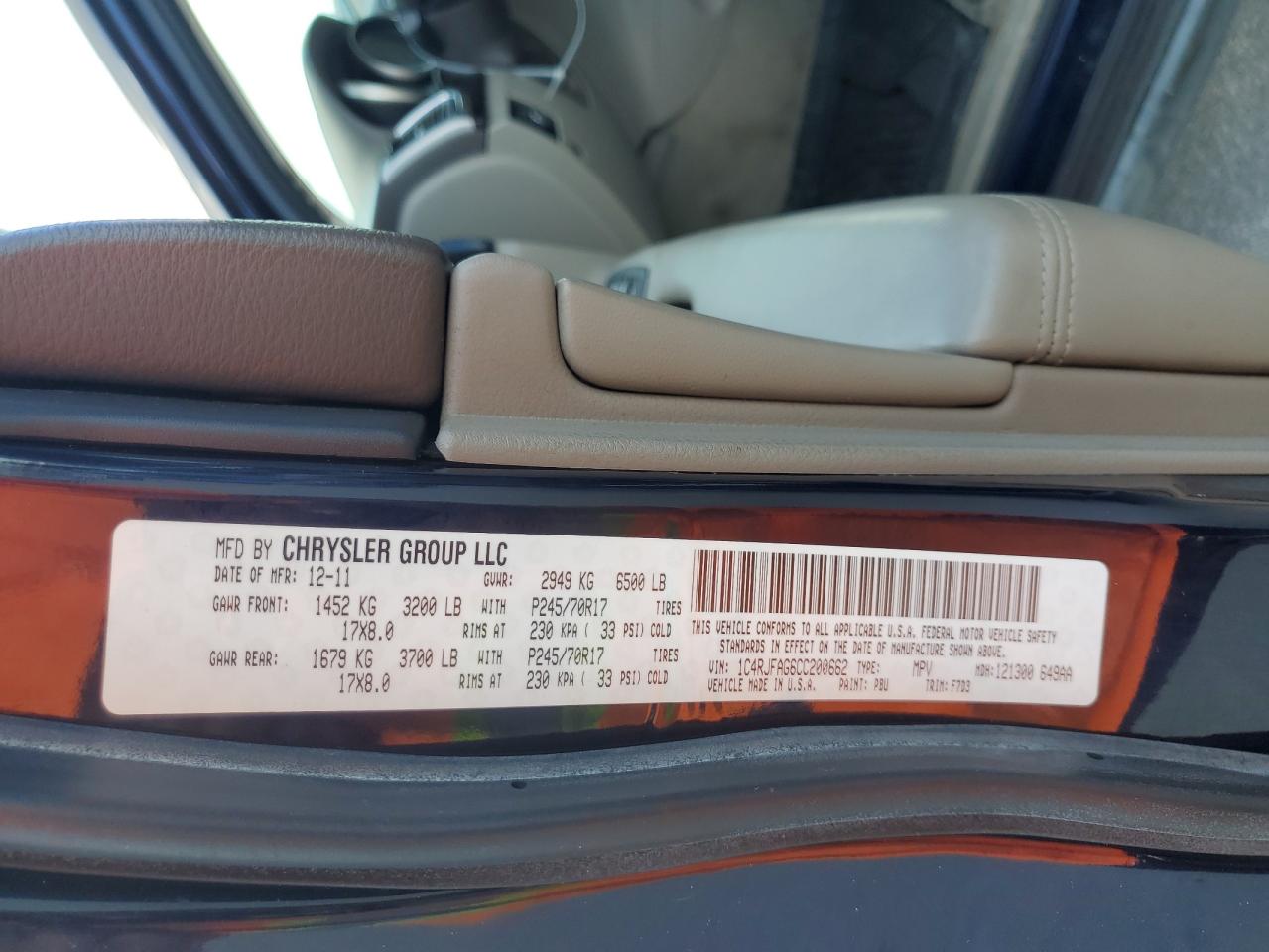2012 Jeep Grand Cherokee VIN 1C4RJFAG6CC200662 Copart auction photo, minor dent/scratches damage thumbnail 13