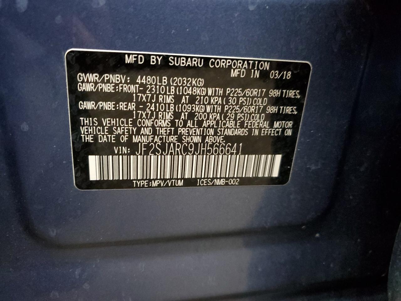 2018 Subaru Forester VIN JF2SJARC9JH566641 Copart auction photo, front end / side damage thumbnail 16