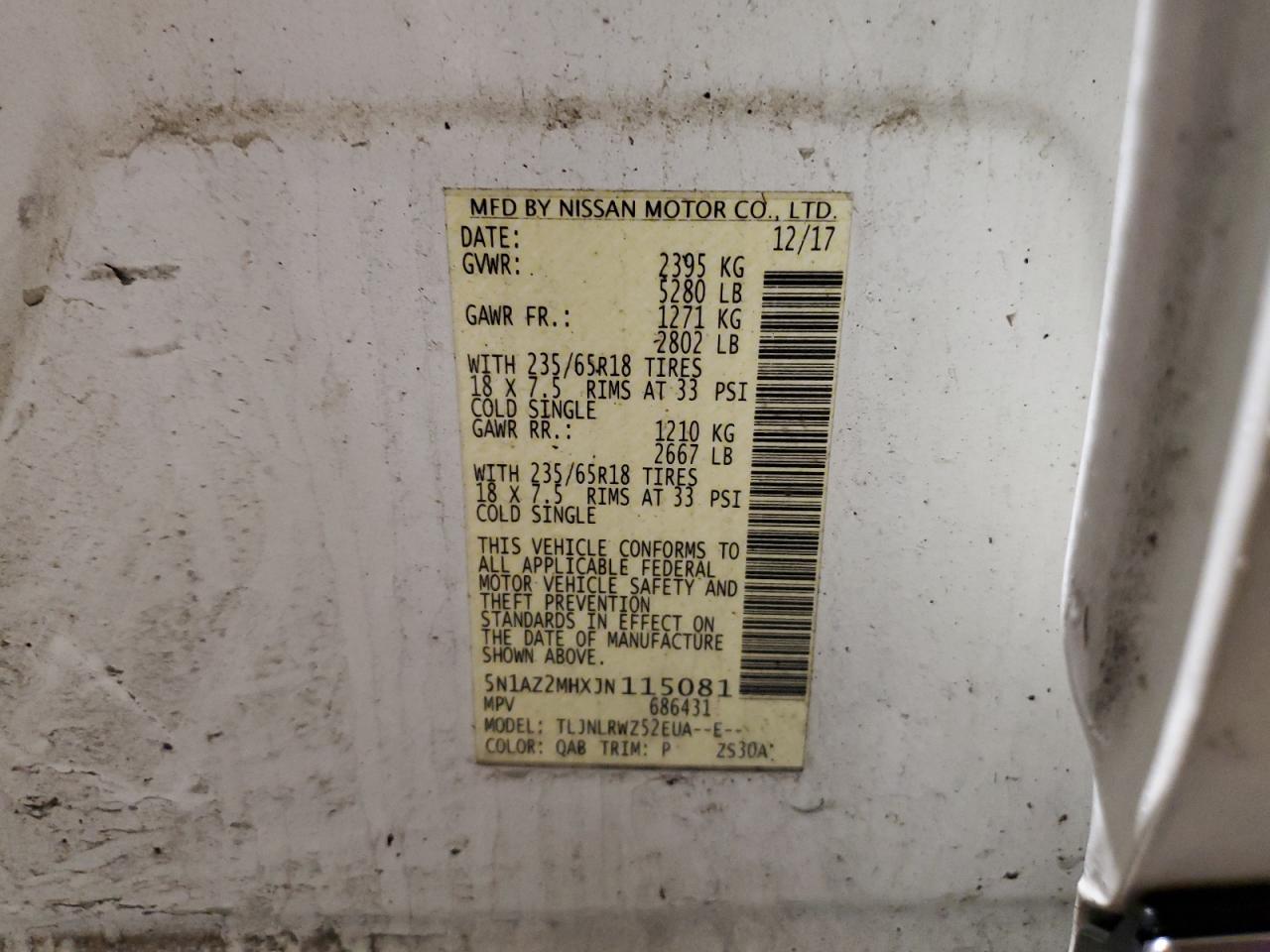 2018 Nissan Murano VIN 5N1AZ2MHXJN115081 Copart auction photo, side damage thumbnail 13