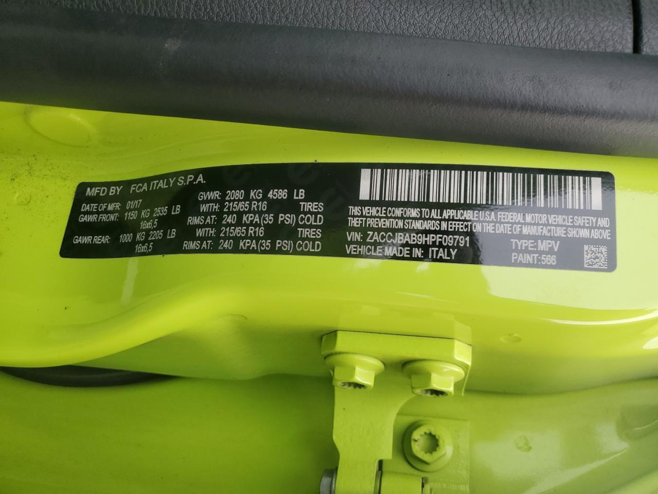 2017 Jeep Renegade VIN ZACCJBAB9HPF09791 Copart auction photo, undercarriage / front end damage thumbnail 13