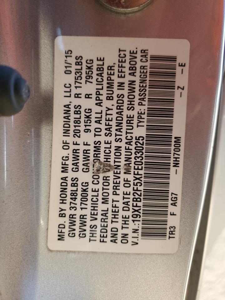 2015 Honda Civic VIN 19XFB2F5XFE033025 Copart auction photo, side / minor dent/scratches damage thumbnail 12
