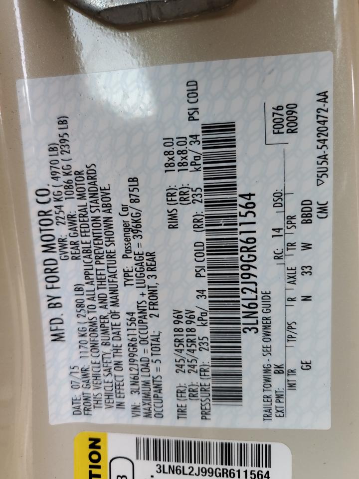 2016 Lincoln MKZ VIN 3LN6L2J99GR611564 Copart auction photo, side damage thumbnail 12