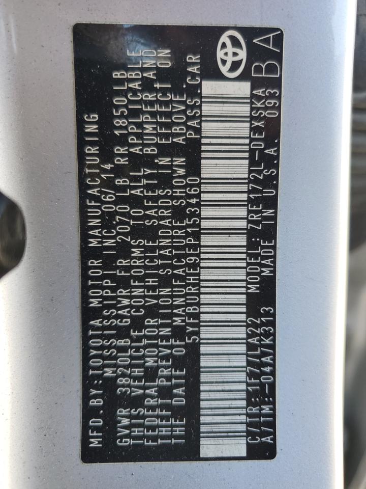 2014 Toyota Corolla VIN 5YFBURHE9EP153460 Copart auction photo, rear end / front end damage thumbnail 14