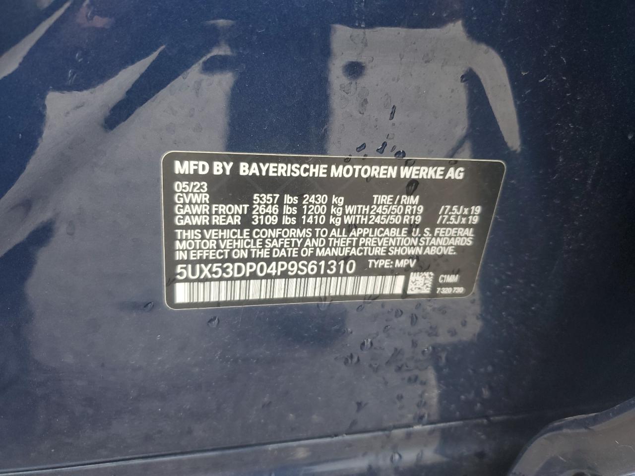 2023 BMW X3 VIN 5UX53DP04P9S61310 Copart auction photo, side damage thumbnail 13