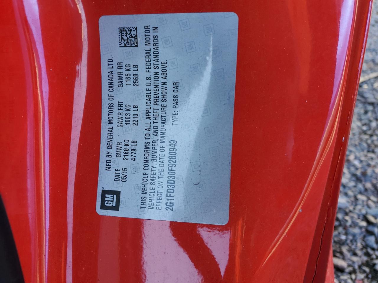 2015 Chevrolet Camaro VIN 2G1FD3D30F9280949 Copart auction photo, front end / side damage thumbnail 13