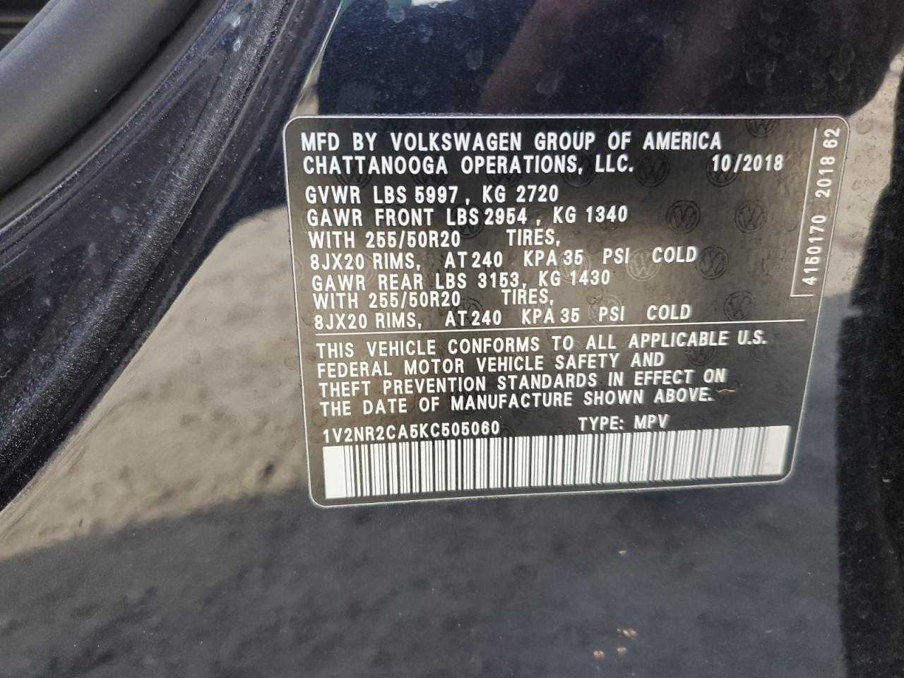 2019 Volkswagen Atlas VIN 1V2NR2CA5KC505060 Copart auction photo, side damage thumbnail 15