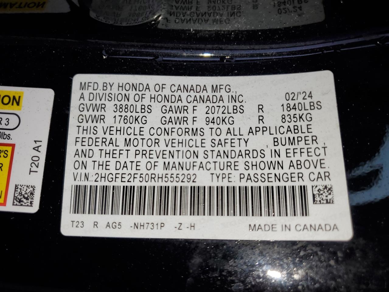 2024 Honda Civic VIN 2HGFE2F50RH555292 Copart auction photo, rear end / side damage thumbnail 12