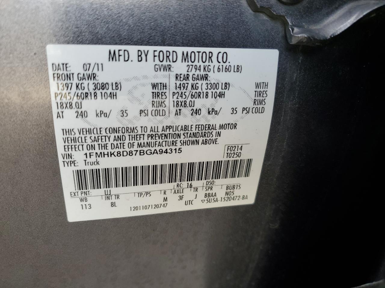 2011 Ford Explorer VIN 1FMHK8D87BGA94315 Copart auction photo, front end damage thumbnail 12