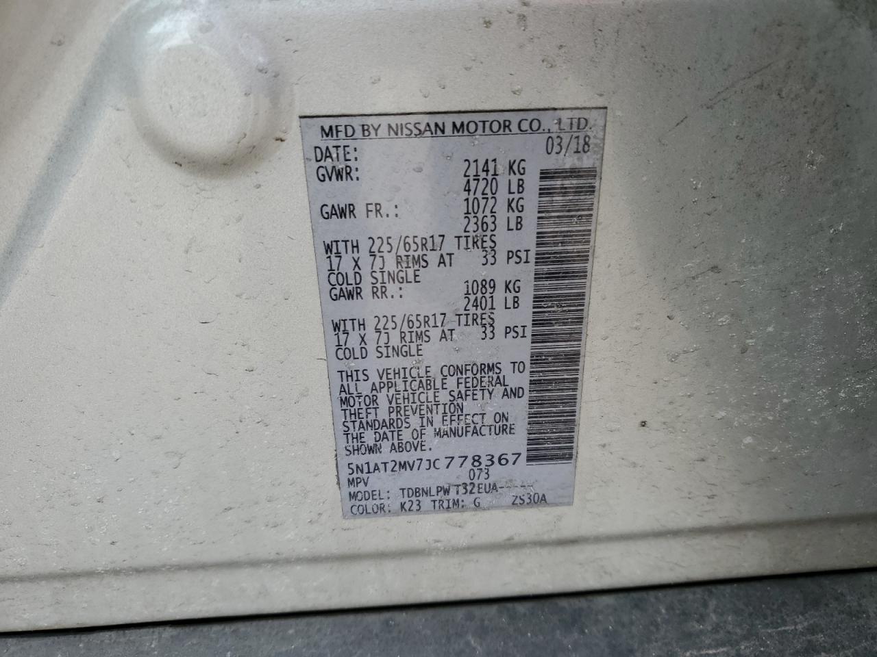 2018 Nissan Rogue VIN 5N1AT2MV7JC778367 Copart auction photo, front end damage thumbnail 13