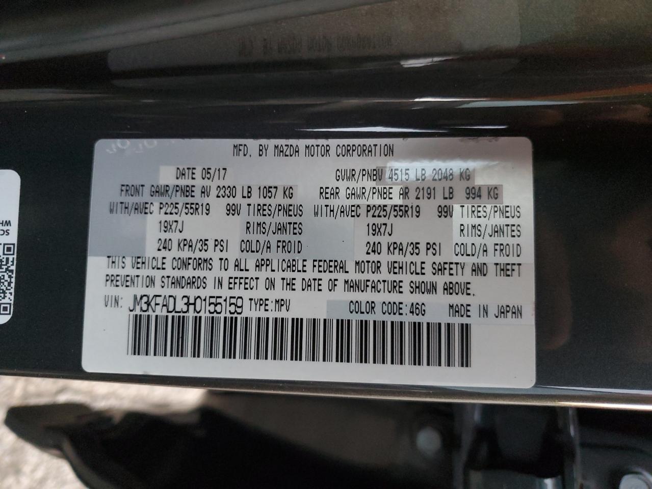 2017 Mazda CX-5 VIN JM3KFADL3H0155159 Copart auction photo, rear end damage thumbnail 13