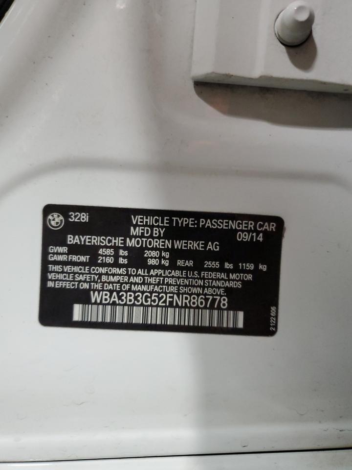 2015 BMW 3er VIN WBA3B3G52FNR86778 Copart auction photo, front end damage thumbnail 13