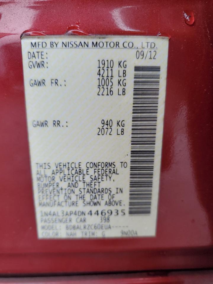 2013 Nissan Altima VIN 1N4AL3AP4DN446935 Copart auction photo, rear end / front end damage thumbnail 12