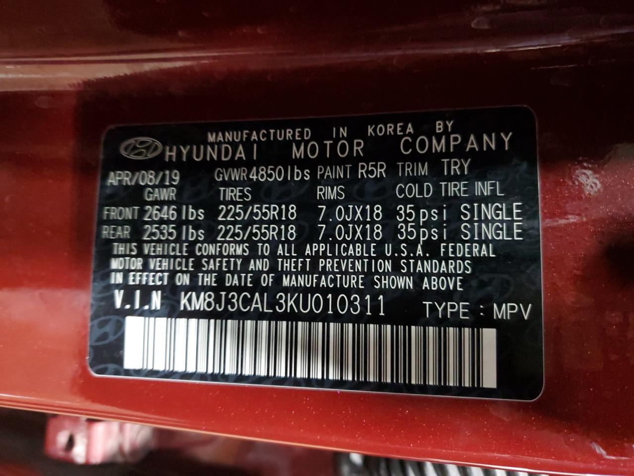 2019 Hyundai Tucson VIN KM8J3CAL3KU010311 Copart auction photo, front end / rear end damage thumbnail 13