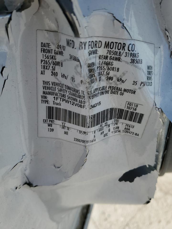 2008 Ford F-150 VIN 1FTPW12V08FA34315 Copart auction photo, front end / side damage thumbnail 12