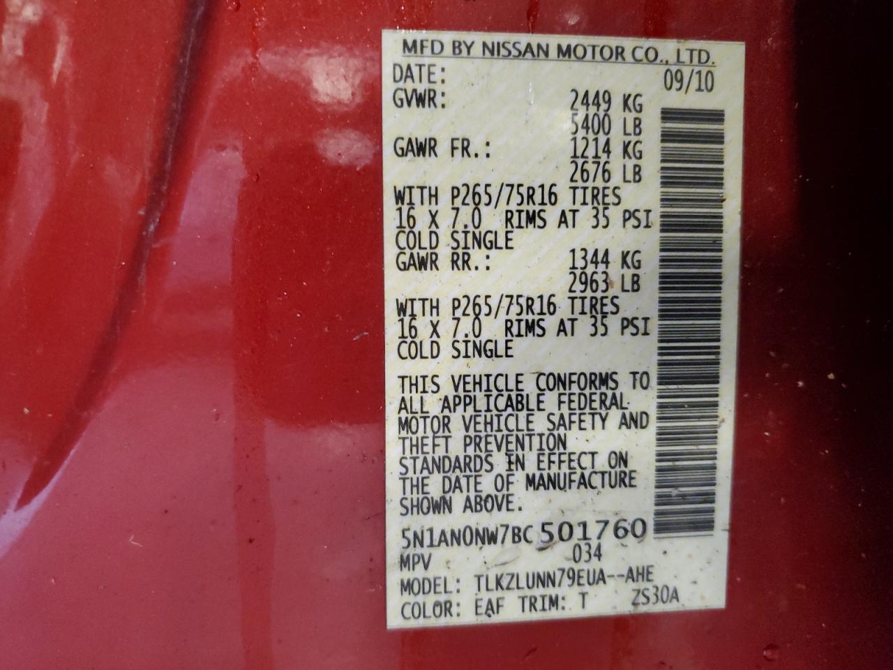 2011 Nissan XTerra VIN 5N1AN0NW7BC501760 Copart auction photo, all over damage thumbnail 16