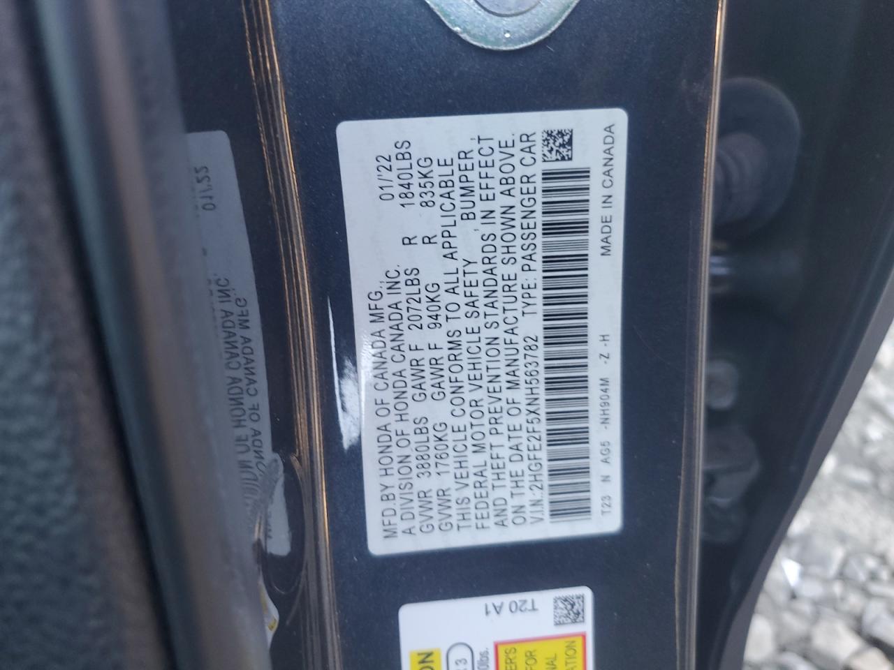 2022 Honda Civic VIN 2HGFE2F5XNH563782 Copart auction photo, rear end / undercarriage damage thumbnail 12