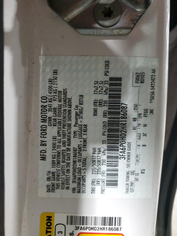 2017 Ford Fusion VIN 3FA6P0HD2HR186087 Copart auction photo, rear end damage thumbnail 13