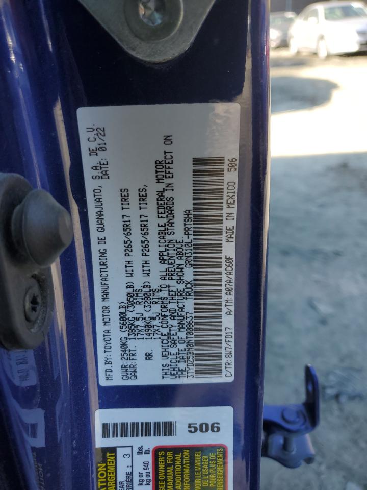 2022 Toyota Tacoma VIN 3TYDZ5BN0NT008637 Copart auction photo, front end / side damage thumbnail 12
