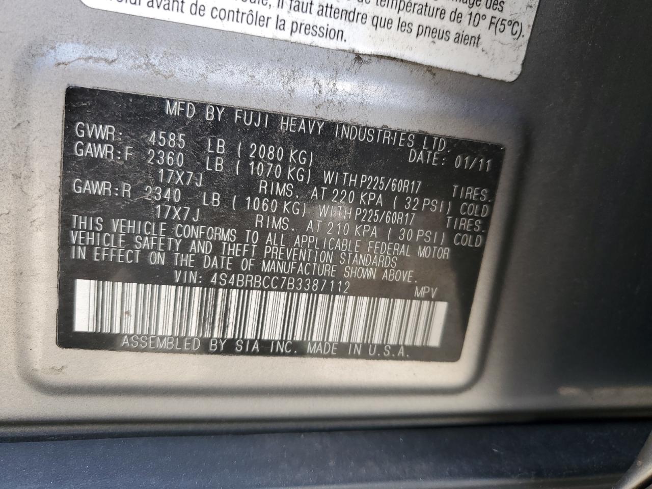 2011 Subaru Outback VIN 4S4BRBCC7B3387112 Copart auction photo, mechanical damage thumbnail 12