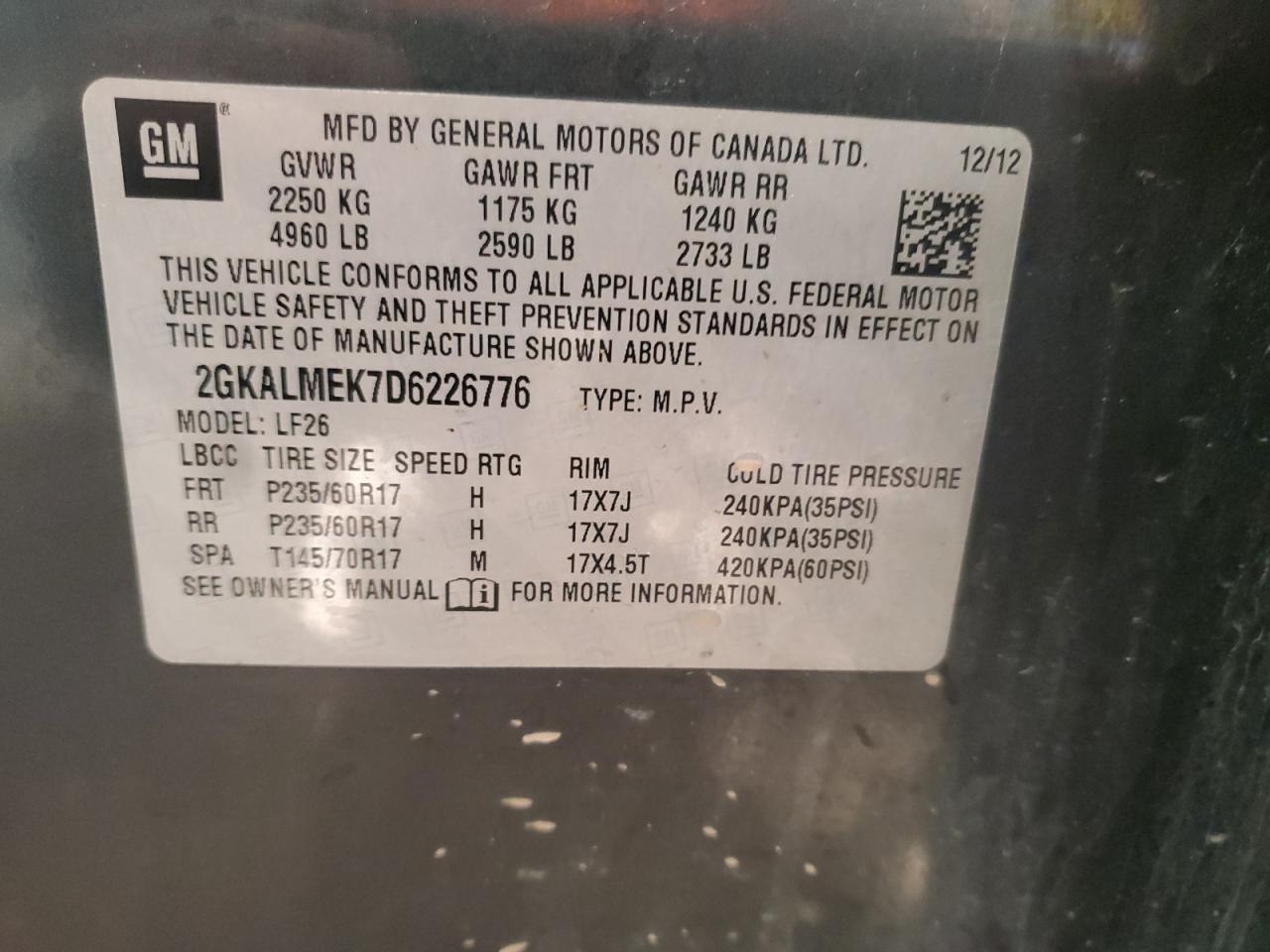 2013 GMC Terrain VIN 2GKALMEK7D6226776 Copart auction photo, front end / side damage thumbnail 12