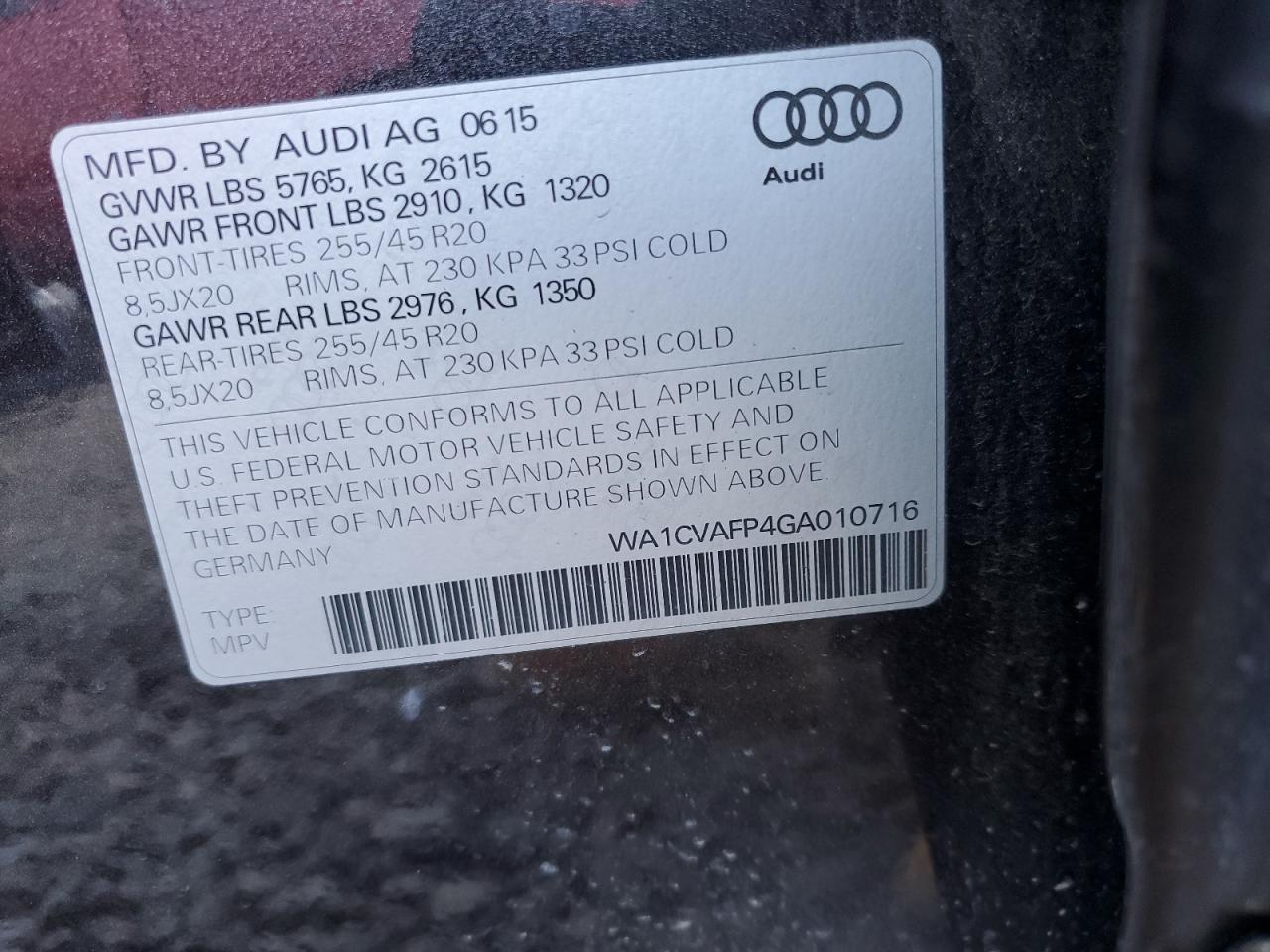 2016 Audi Q5 VIN WA1CVAFP4GA010716 Copart auction photo, front end / minor dent/scratches damage thumbnail 13