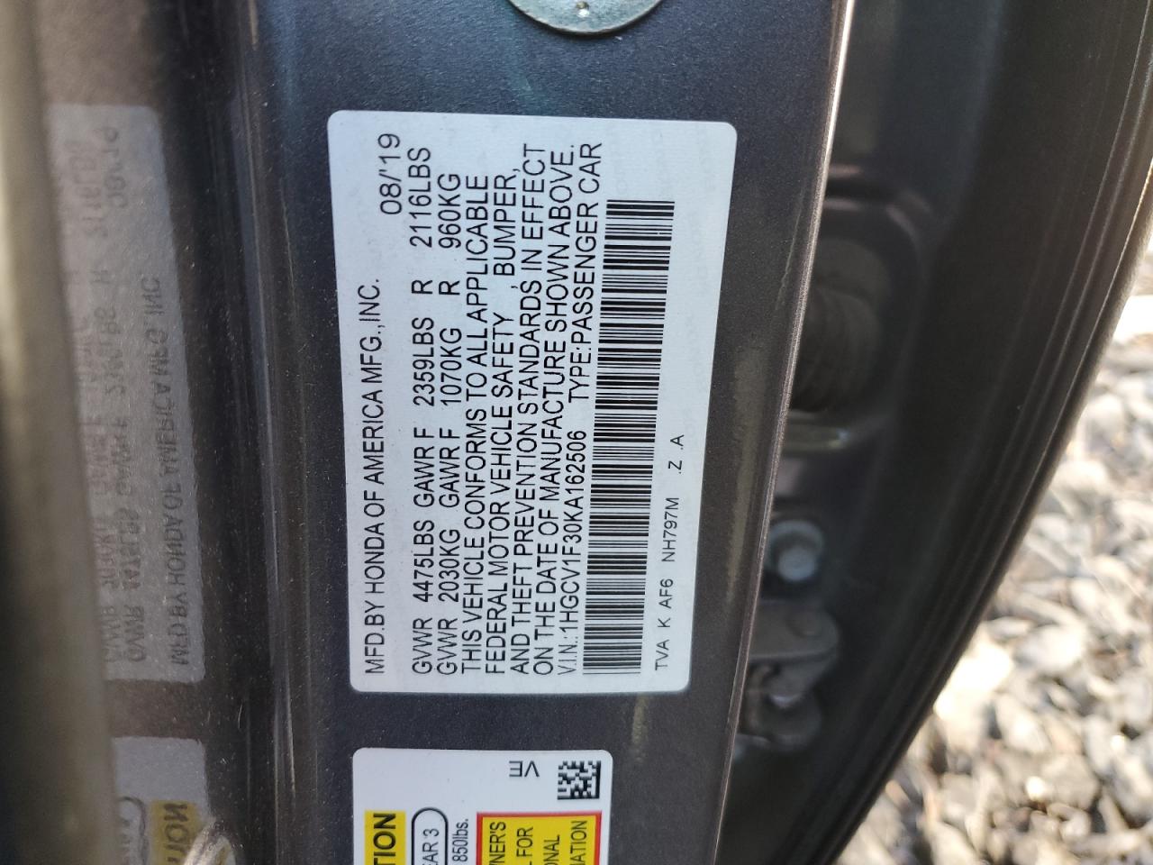 2019 Honda Accord VIN 1HGCV1F30KA162506 Copart auction photo, all over damage thumbnail 12
