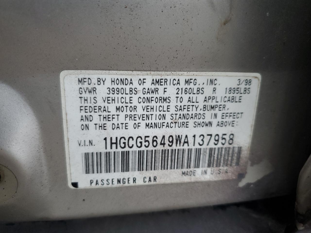 1998 Honda Accord VIN 1HGCG5649WA137958 Copart auction photo, rear end damage thumbnail 14