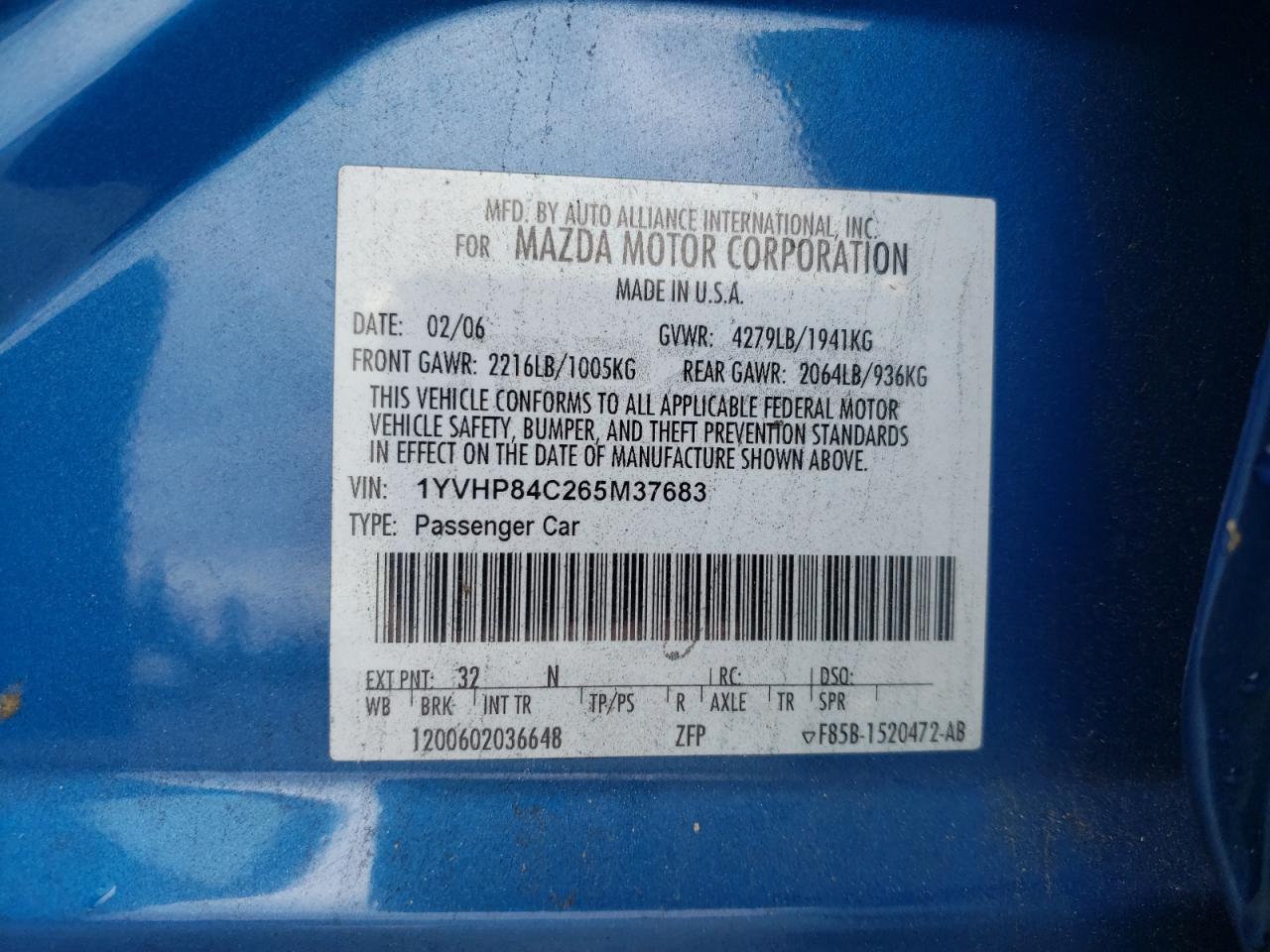 2006 Mazda 6 VIN 1YVHP84C265M37683 Copart auction photo, rear end damage thumbnail 12