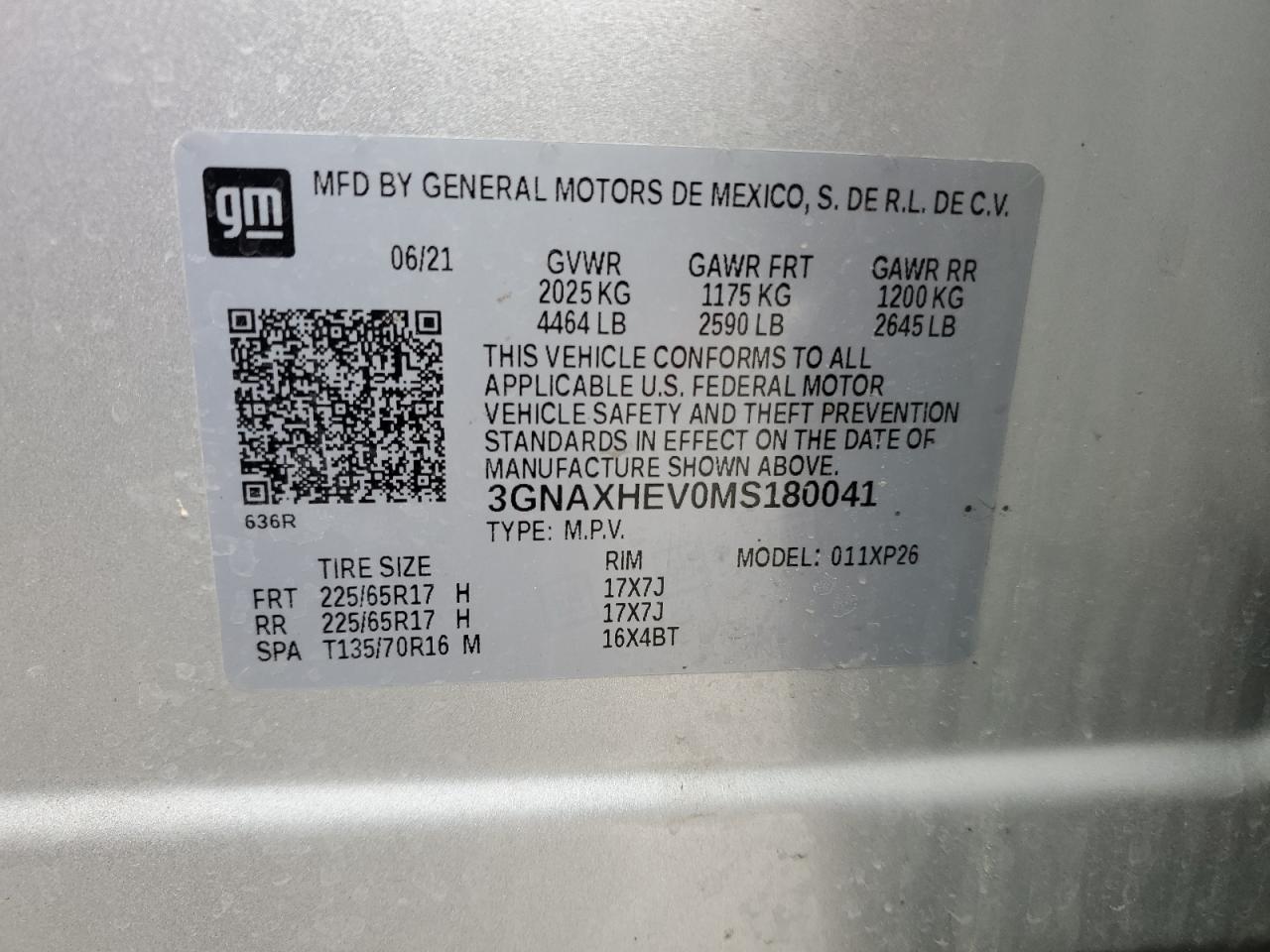 2021 Chevrolet Equinox VIN 3GNAXHEV0MS180041 Copart auction photo, front end / side damage thumbnail 13