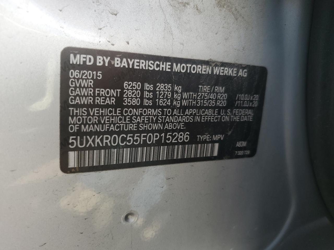 2015 BMW X5 VIN 5UXKR0C55F0P15286 Copart auction photo, front end / side damage thumbnail 13