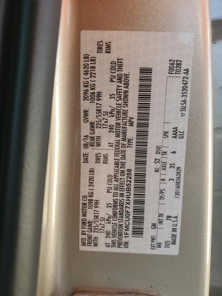 2017 Ford Escape VIN 1FMCU0F7XHUB52258 Copart auction photo, rear end / hail damage thumbnail 14