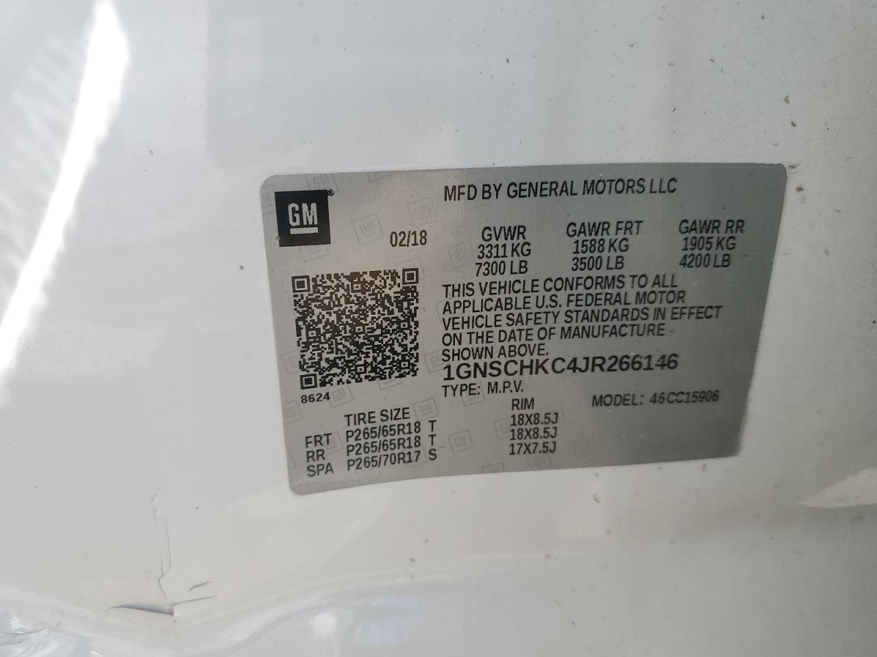 2018 Chevrolet Suburban VIN 1GNSCHKC4JR266146 Copart auction photo, front end / all over damage thumbnail 14