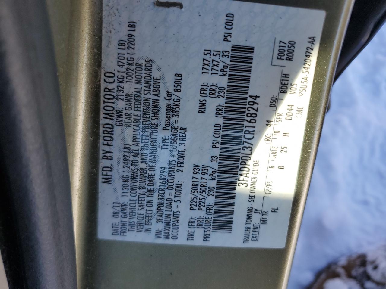 2012 Ford Fusion VIN 3FADP0L37CR168294 Copart auction photo, rear end damage thumbnail 12