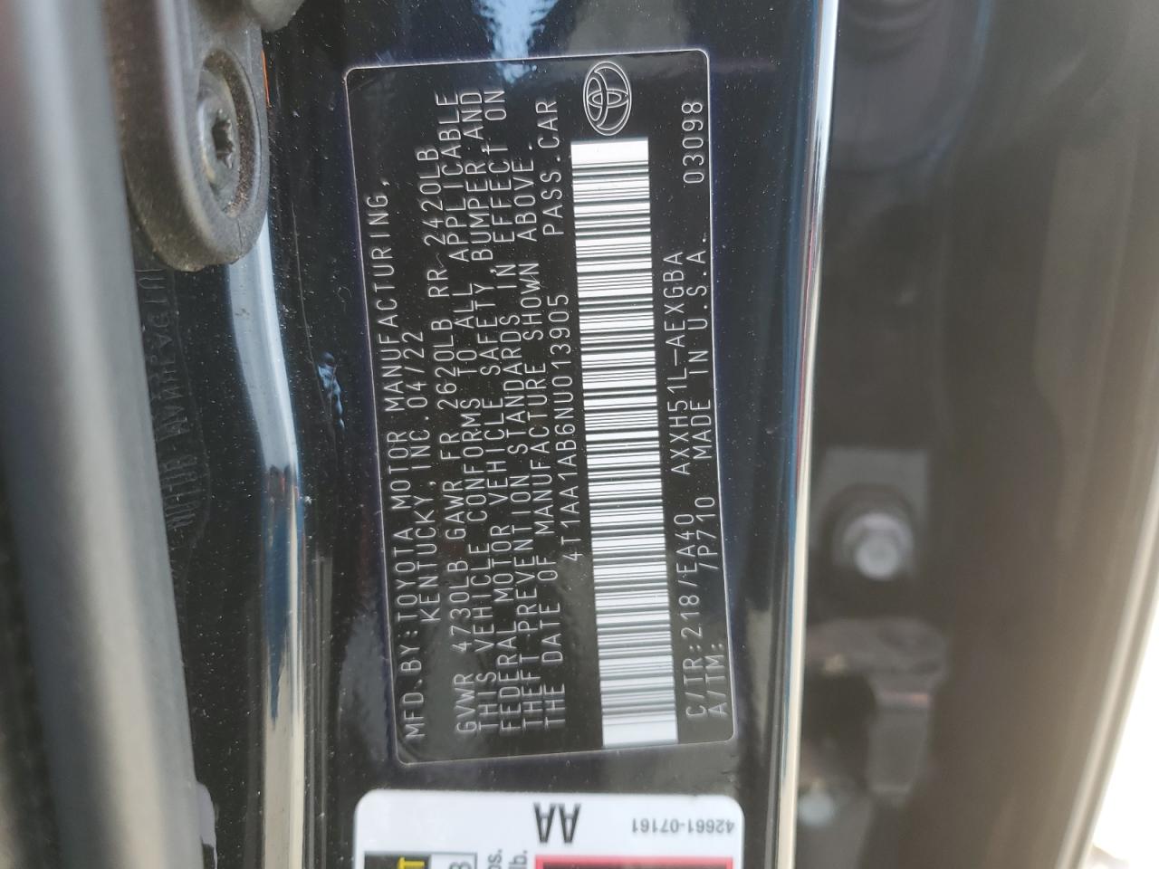 2022 Toyota Avalon VIN 4T1AA1AB6NU013905 Copart auction photo, front end / rear end damage thumbnail 14