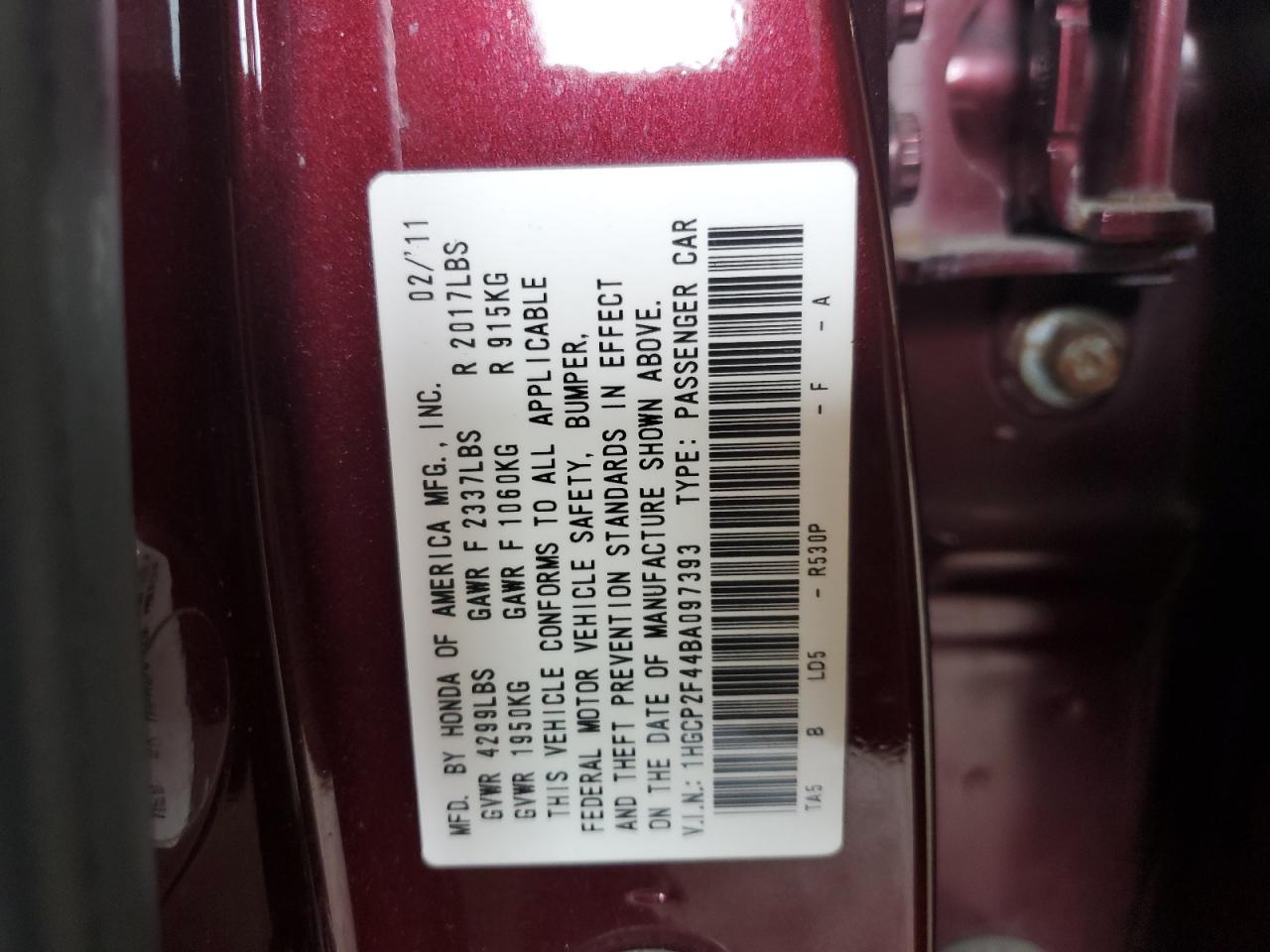 2011 Honda Accord VIN 1HGCP2F44BA097393 Copart auction photo, rear end damage thumbnail 12