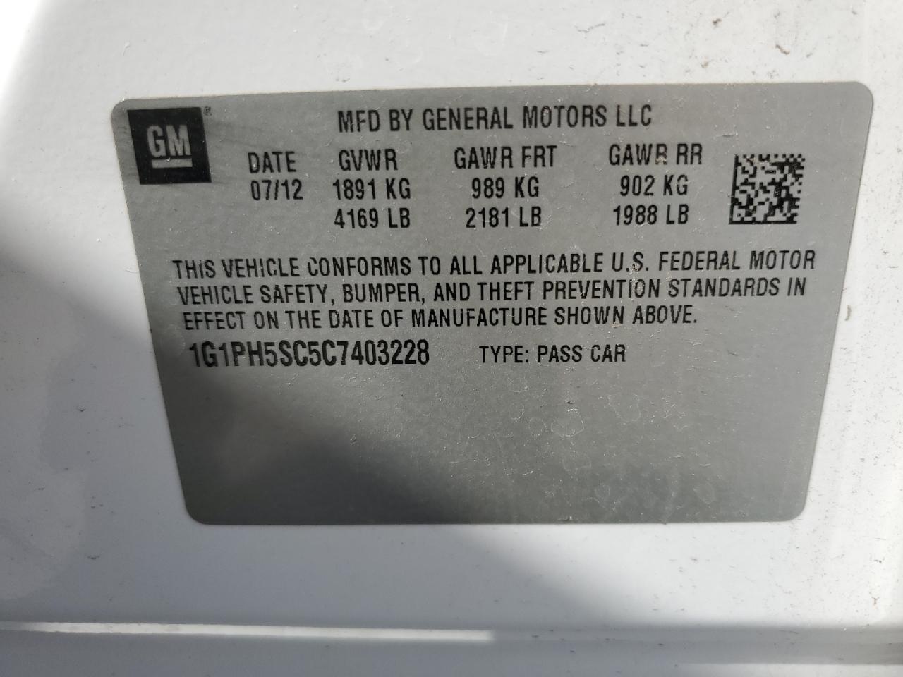 2012 Chevrolet Cruze VIN 1G1PH5SC5C7403228 Copart auction photo, rear end damage thumbnail 12