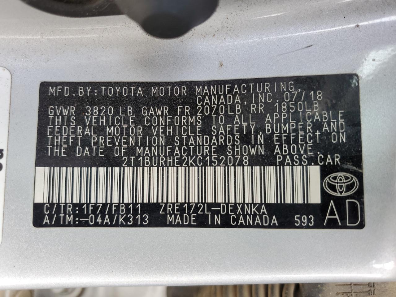 2019 Toyota Corolla VIN 2T1BURHE2KC152078 Copart auction photo, front end / minor dent/scratches damage thumbnail 12